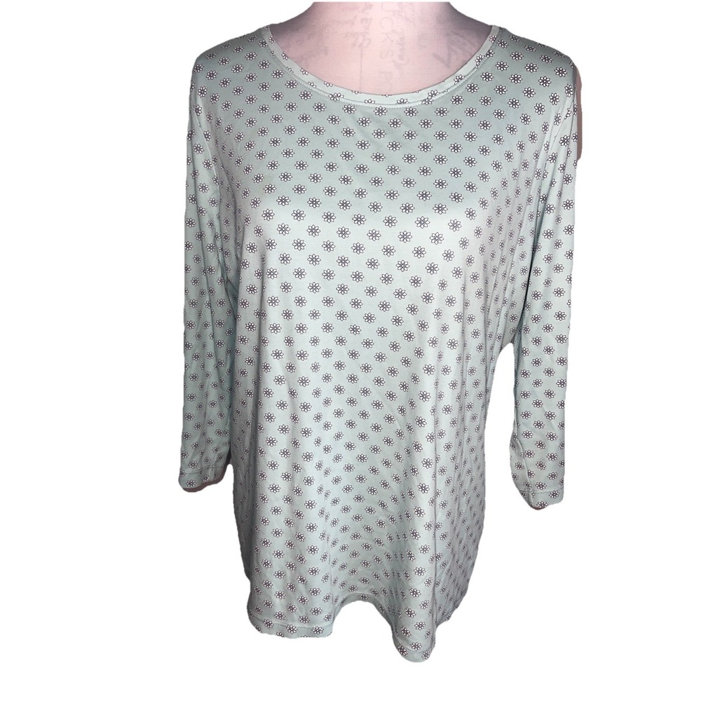 LL Bean Womens Mint Green Daisy Floral 3/4 Sleeves Pima Cotton Pullover‎ Size L
